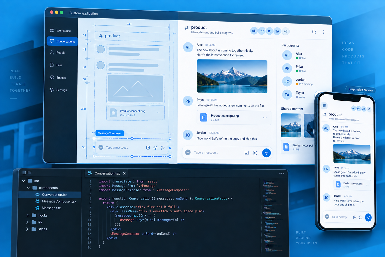 Illustration of a custom application progressing from wireframe and code to desktop and mobile interfaces.